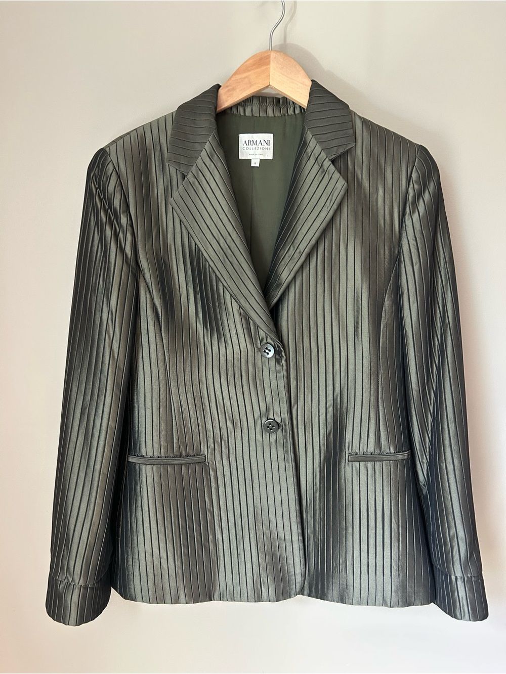 Armani Collezioni Satin Olive Green Pinstripe Blazer